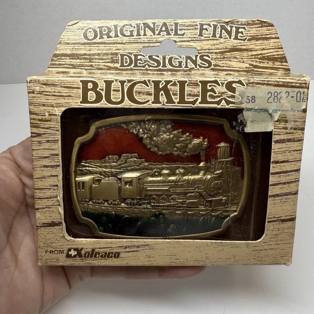 Vintage Koleaco Steam Locomotive Train Brass & Enamel Belt Buckle In Orginal Box